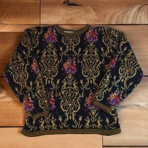 Anne Pinkerton M Vintage Floral Gold Lame Sweater – 90s Grannycore Glam